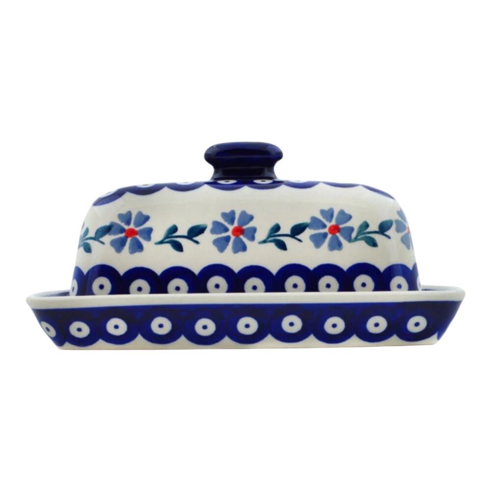NEW Boleslawiec BUTTER DISH Poland Pottery Peacock Forget Me Not Floral 7.75” - Picture 8 of 9
